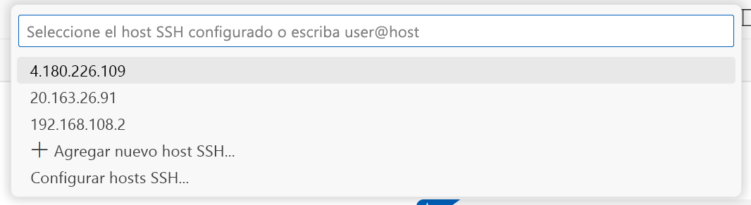 Captura de pantalla de una lista de hosts SSH en Visual Studio Code.