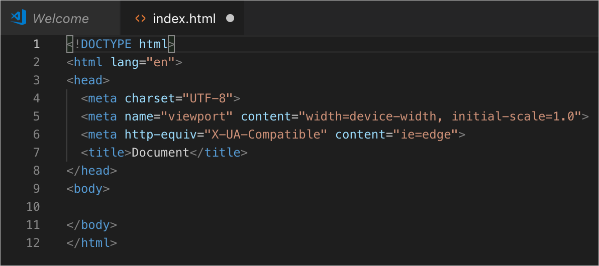Captura de pantalla que muestra código HTML agregado por Emmet en Visual Studio Code.