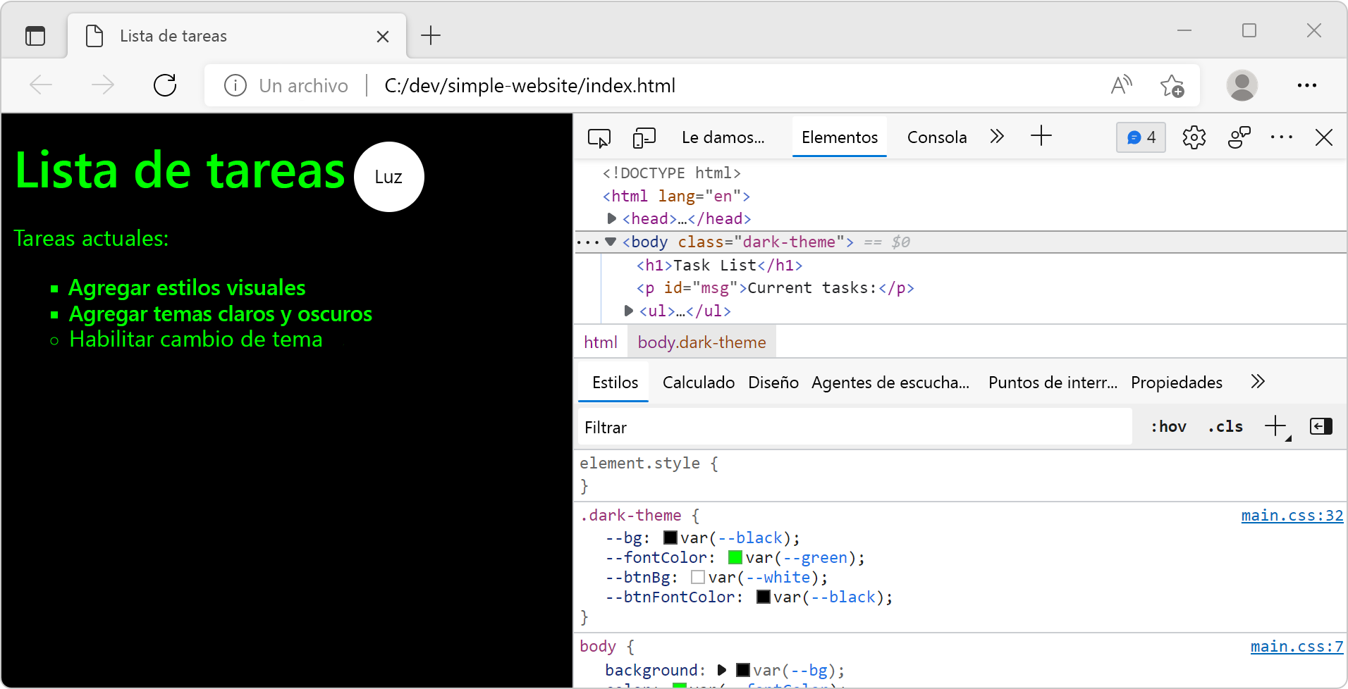 Screenshot of the website after switching to dark theme.