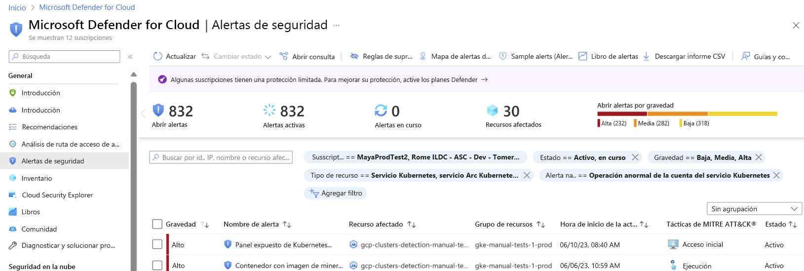 Captura de pantalla que muestra las alertas de seguridad para la carga de trabajo en tiempo de ejecución en los clústeres.