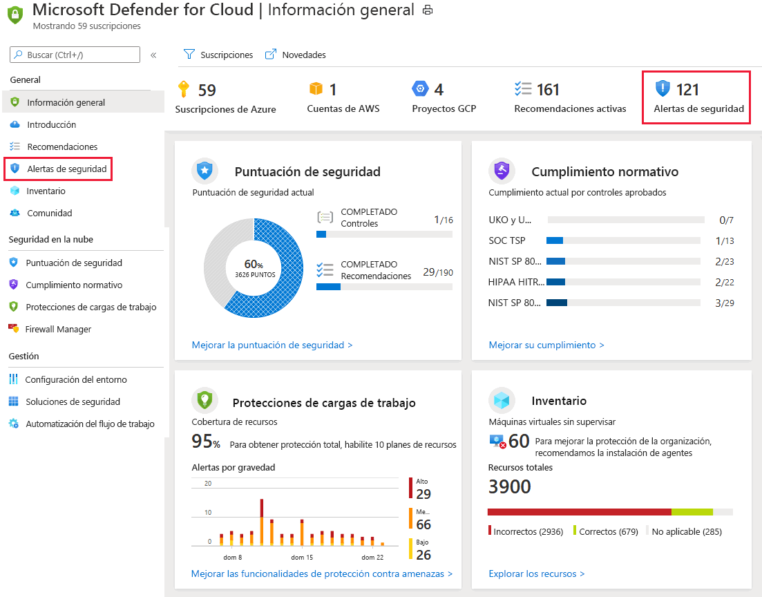 Captura de pantalla que muestra cómo ver las alertas de seguridad en Defender for Cloud.