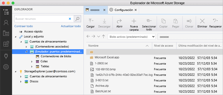 Captura de pantalla de Explorador de Azure Storage que muestra la cuenta de almacenamiento del emulador abierta, que tiene una carpeta y varios documentos. La información del nivel de acceso está visible.