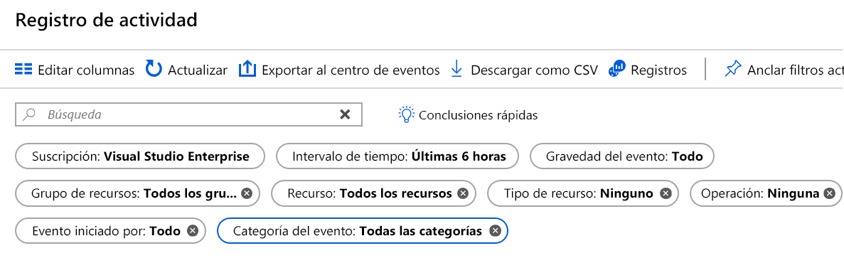 Captura de pantalla que muestra las opciones de filtro para los registros de actividad en el Azure Portal.