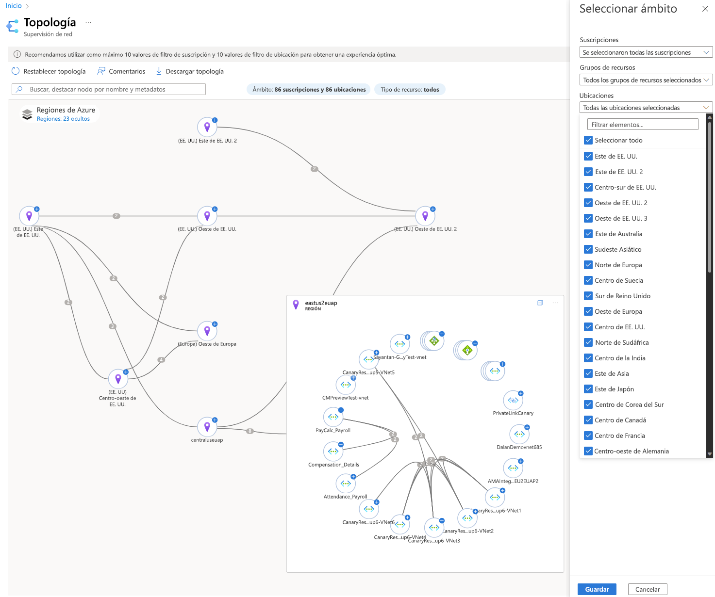 Screenshot displaying Azure Network's Topology view of a network and its configuration.