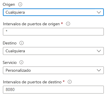 Captura de pantalla que muestra cómo configurar las opciones de origen y destino para crear una regla de seguridad en Azure Portal.