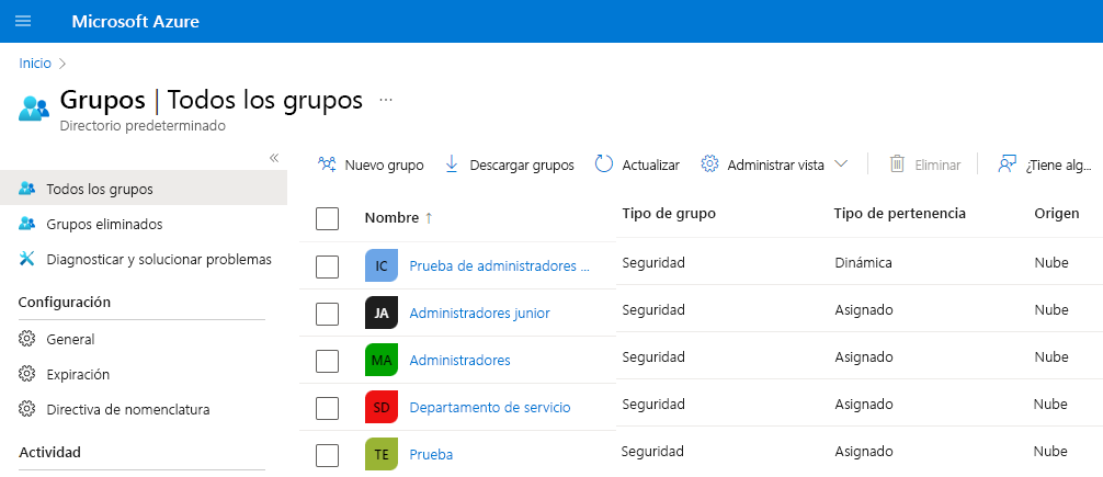 Screenshot that shows a list of groups in the Azure portal, and their group and membership types.