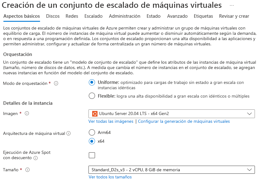Captura de pantalla en la que se muestra cómo crear Virtual Machine Scale Sets en Azure Portal.
