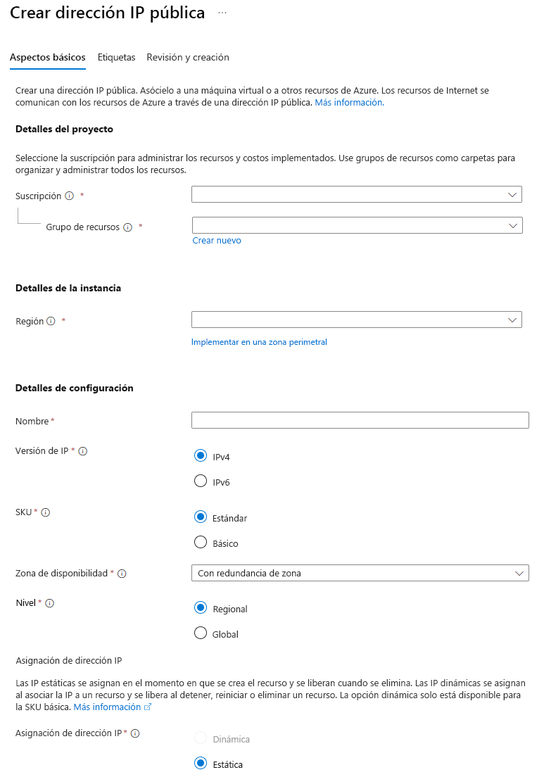 Screenshot that shows how to create a public IP address in the Azure portal.