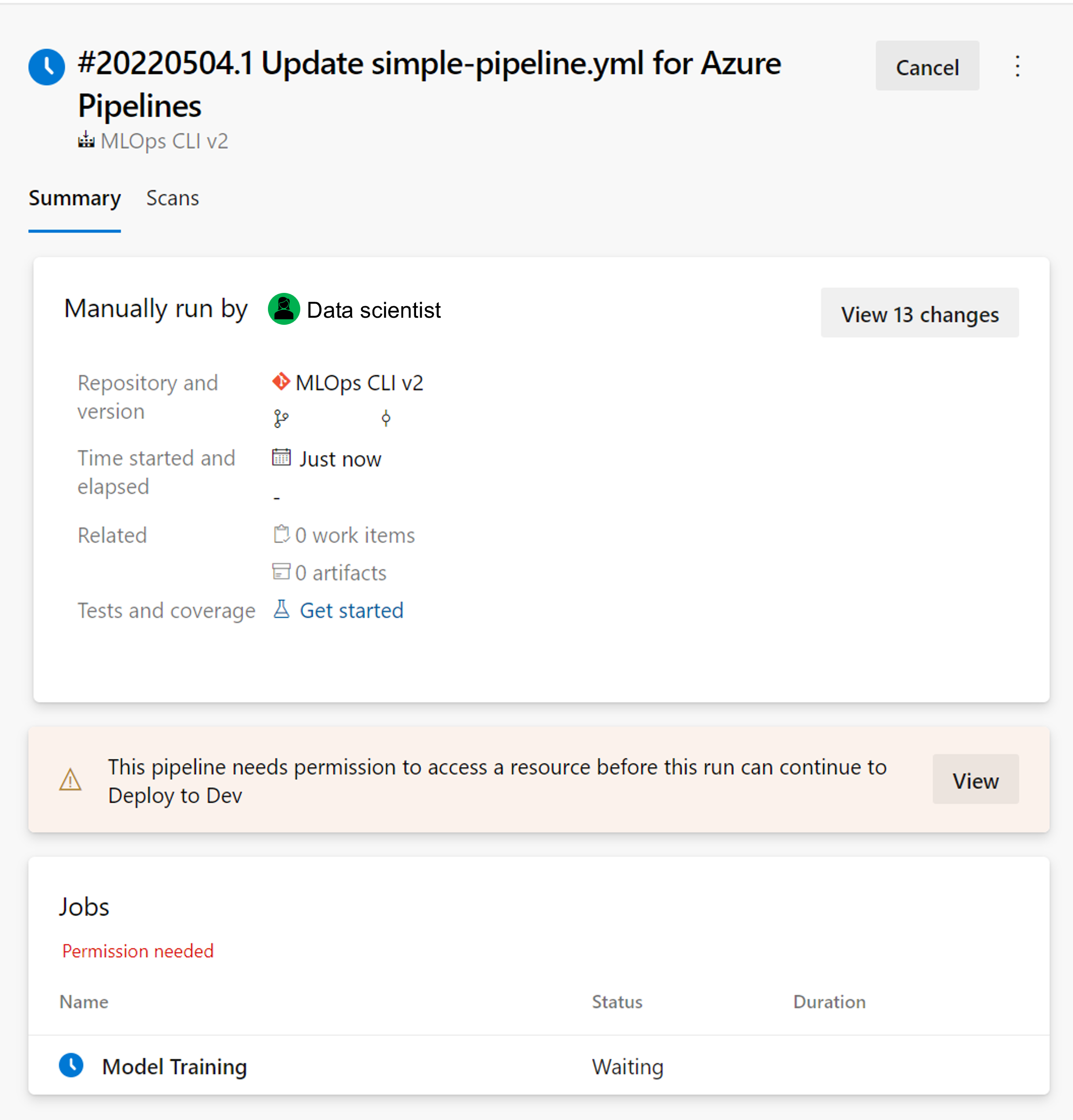 Screenshot of requested approval in Azure Pipelines.