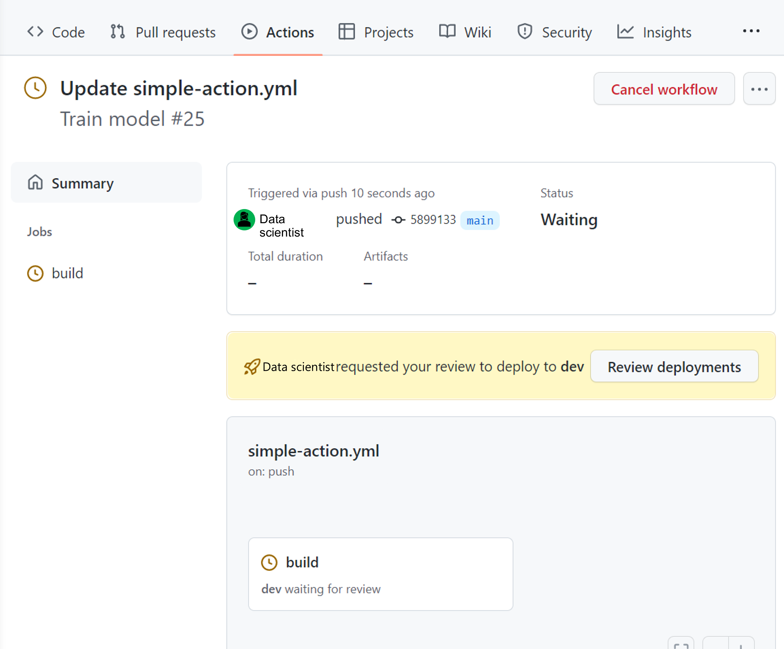 Screenshot of requested approval in GitHub Actions.