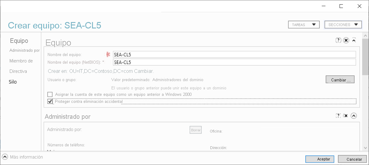 Captura de pantalla del cuadro de diálogo Crear equipo: SEA-CL5 en el Centro de administración de Active Directory.