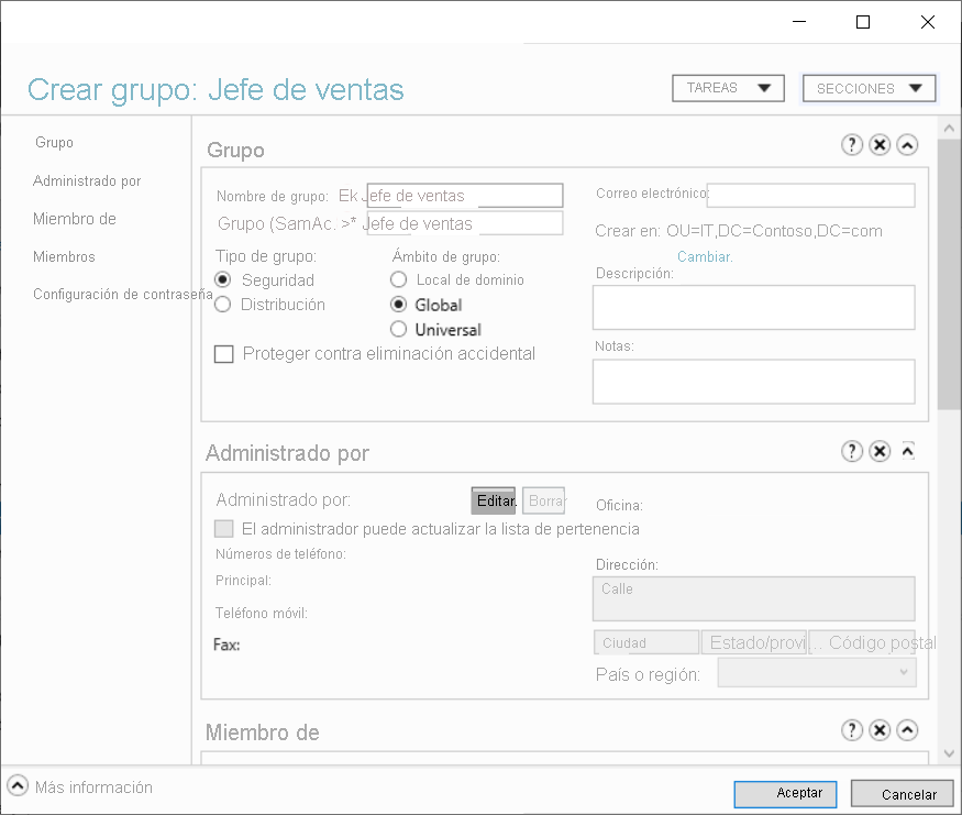Captura de pantalla del cuadro de diálogo Crear Grupo: Directores de ventas en Windows Admin Center.