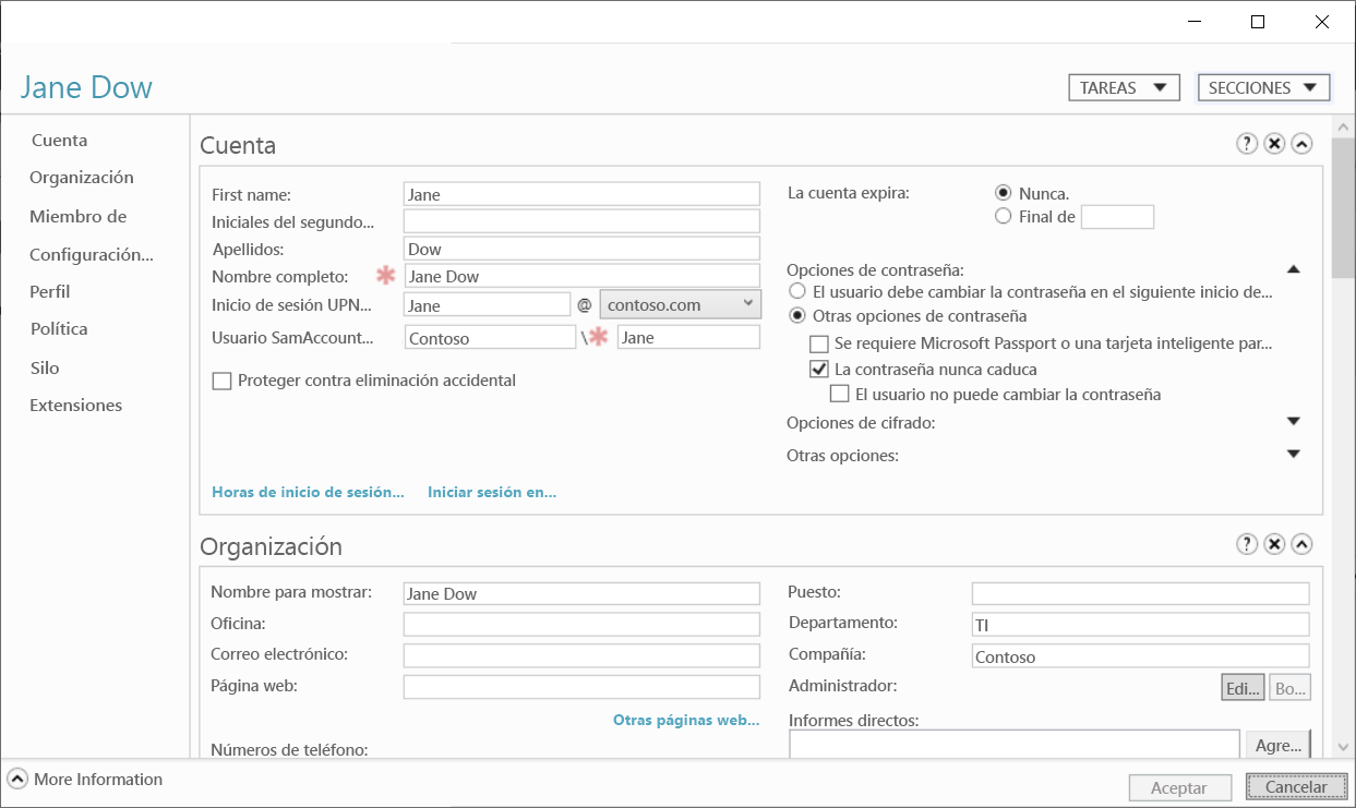 Captura de pantalla de la cuenta de usuario de Jane Dow en el Centro de administración de Active Directory.
