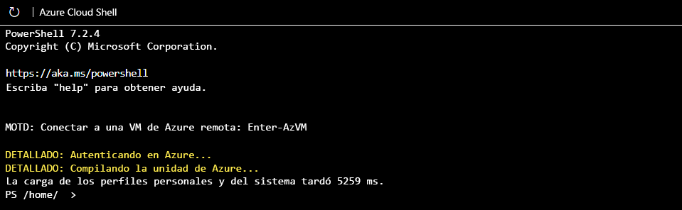 Captura de pantalla del inicio de la CLI de Azure PowerShell.