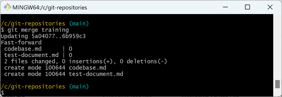 Captura de pantalla del comando git merge.