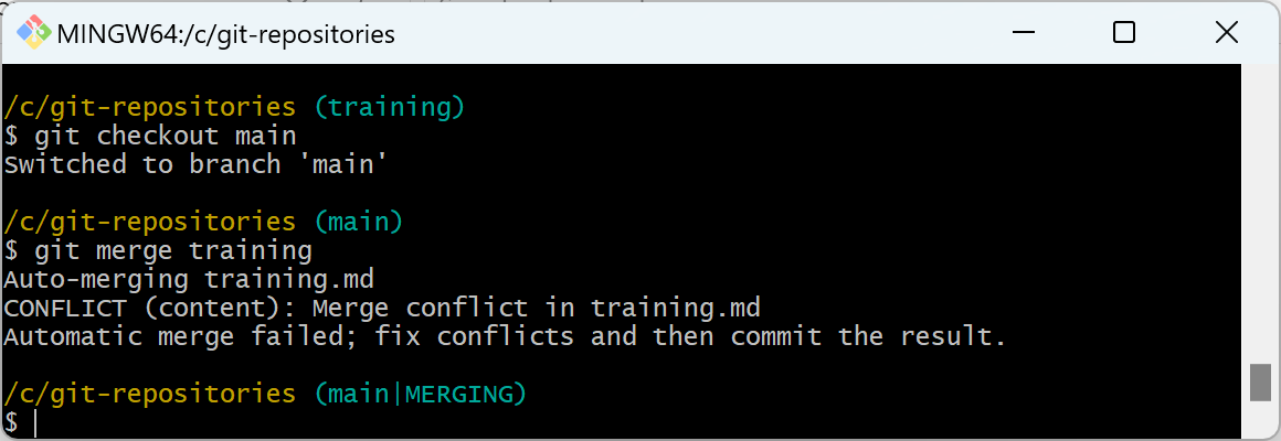 Captura de pantalla del comando git merge con conflicto.