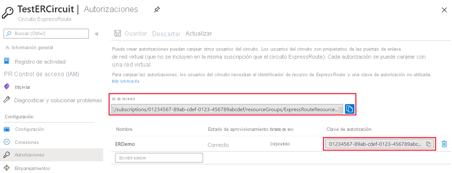 Azure Portal: configuración de la autorización que muestra el identificador de recurso y la clave de autorización