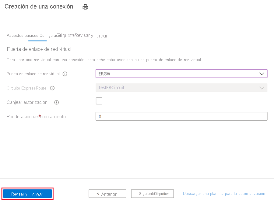 Azure Portal: pestaña Configuración de Crear conexión: se especifica la puerta de enlace de red virtual ERGW