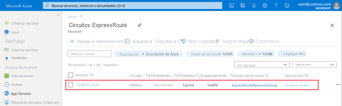 Azure Portal: selección del circuito ExpressRoute