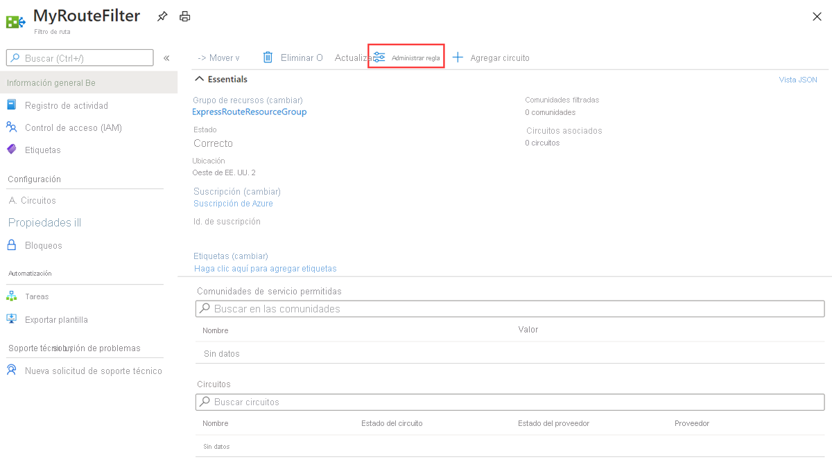 Azure Portal: administración de las propiedades del filtro de ruta