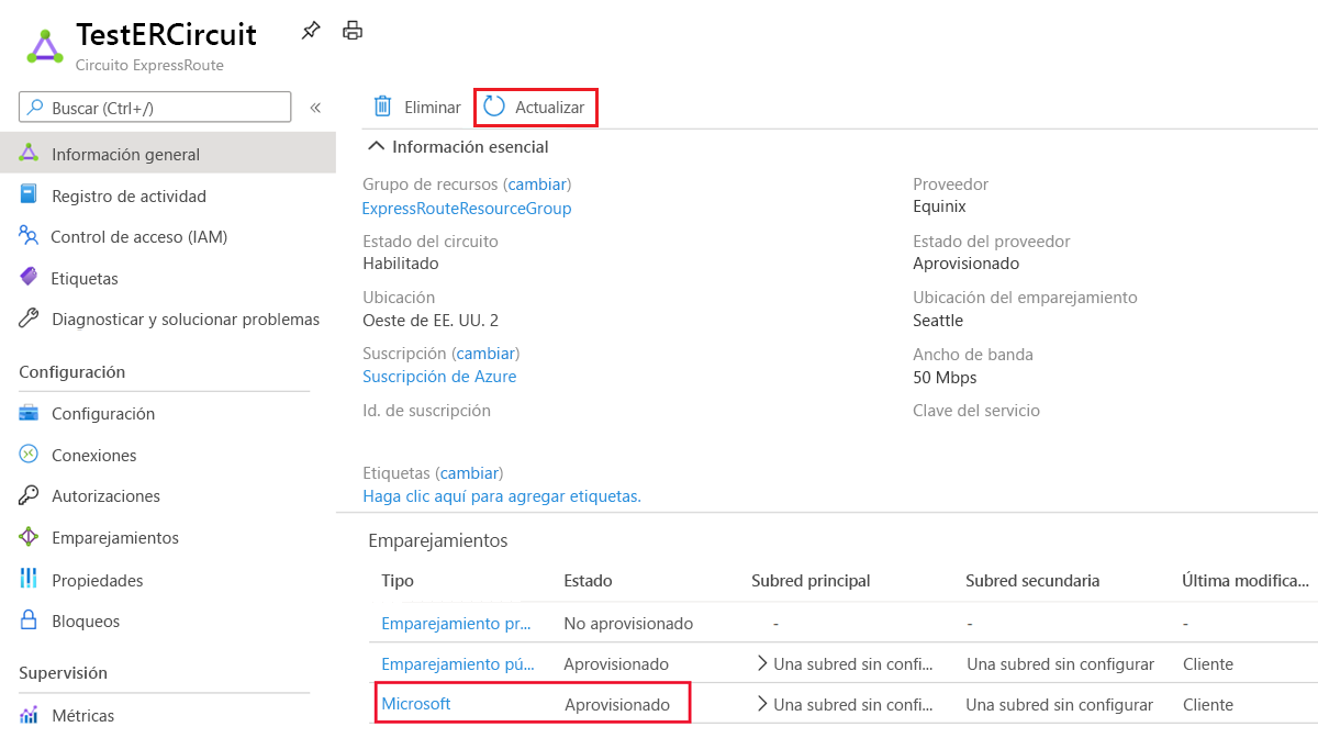 Azure Portal: emparejamiento de Microsoft con estado aprovisionado