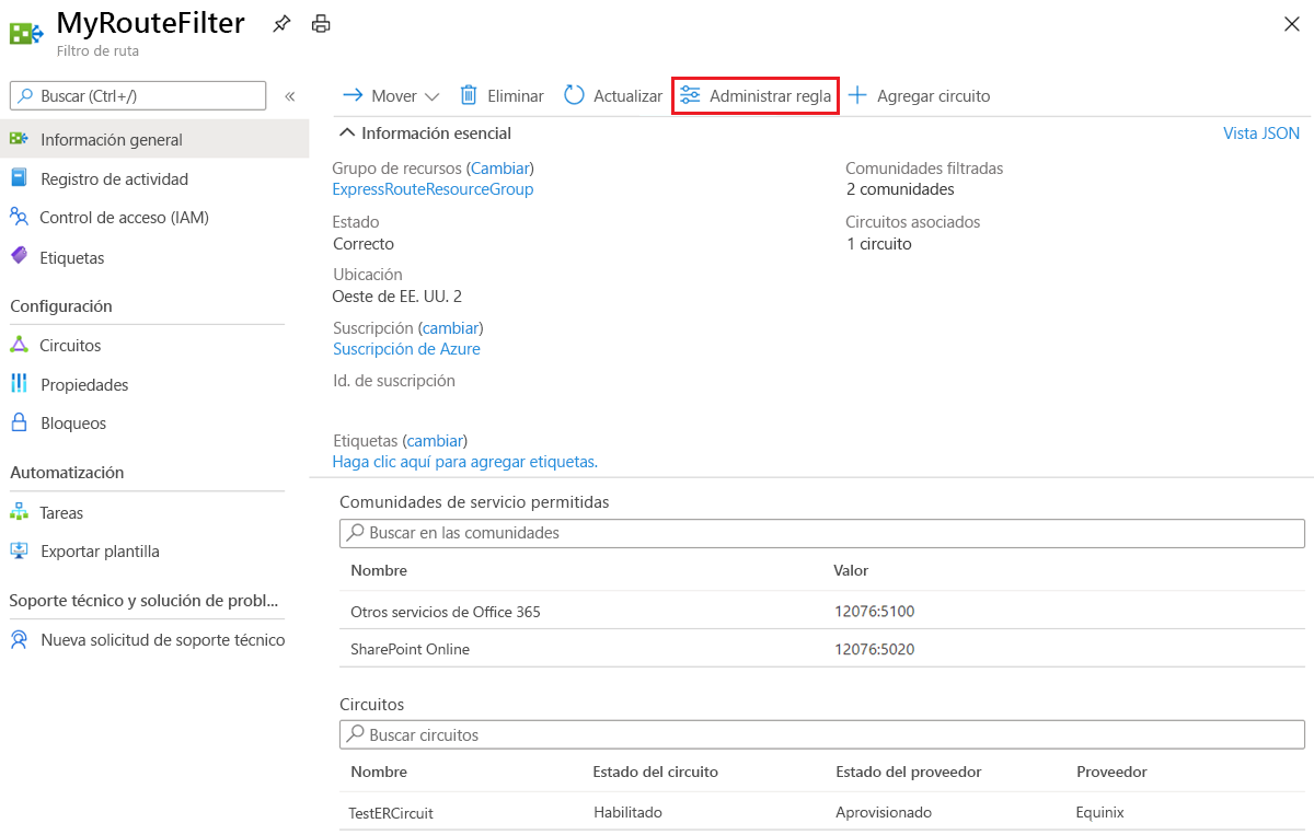 Azure portal - Route filter manage rule