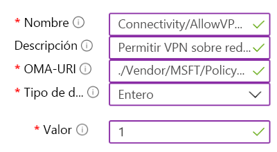 Captura de la pantalla Crear perfil, con la pestaña Configuración seleccionada y con la ventana Configuración OMA-URI personalizada.