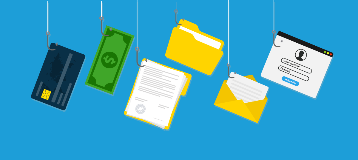 Ilustración de dinero, tarjetas de crédito, archivos y carpetas en ganchos de pesca.