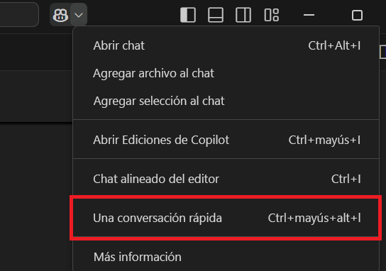 Captura de pantalla que muestra cómo acceder al Chat rápido en Visual Studio Code.