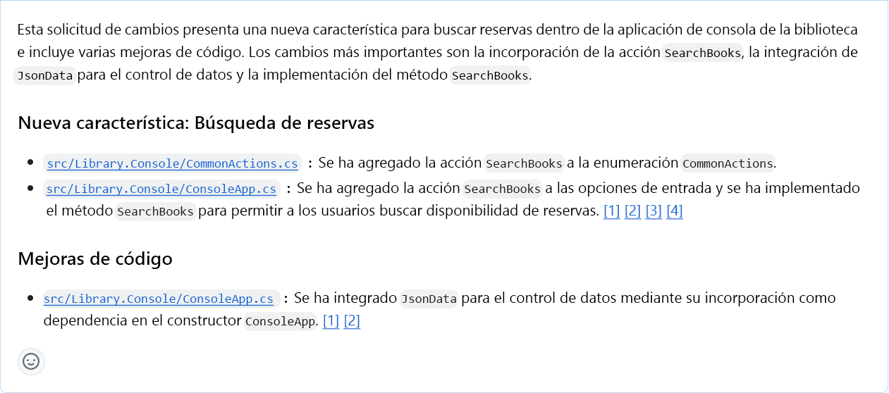 Captura de pantalla que muestra un resumen de la solicitud de incorporación de cambios generado mediante una cuenta de GitHub Copilot Enterprise.