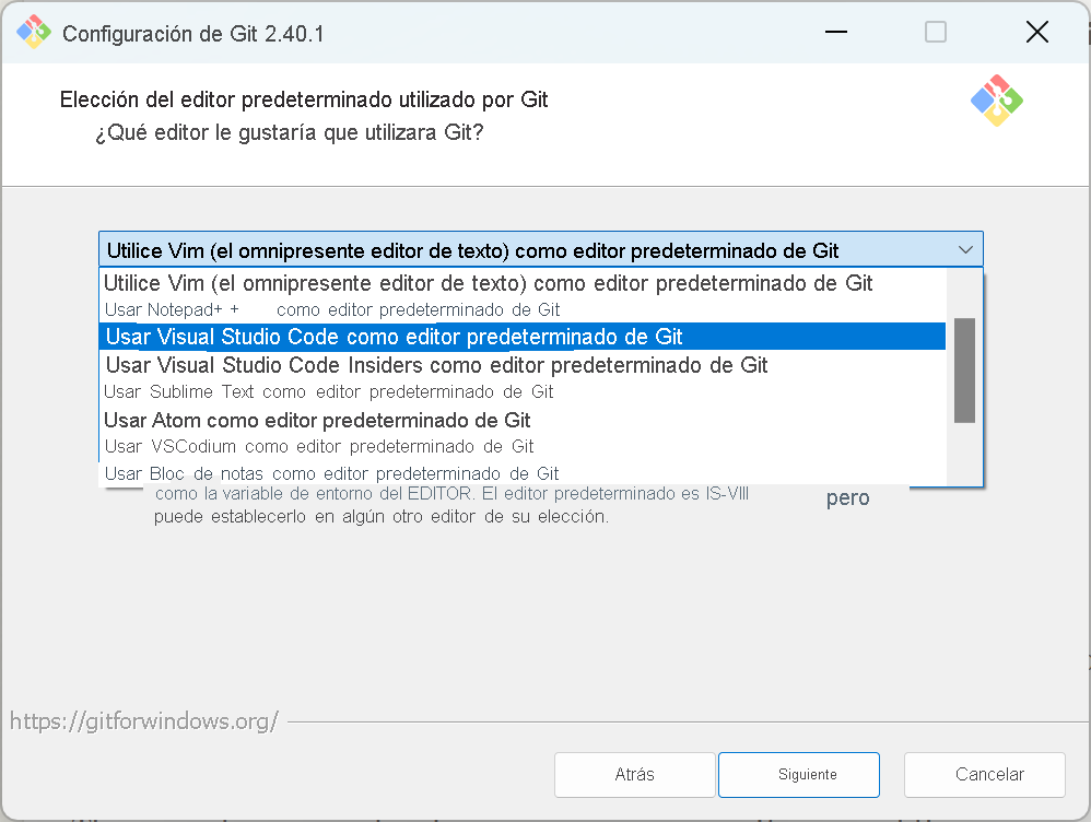 Captura de pantalla de la selección del editor predeterminada durante la instalación de Git.