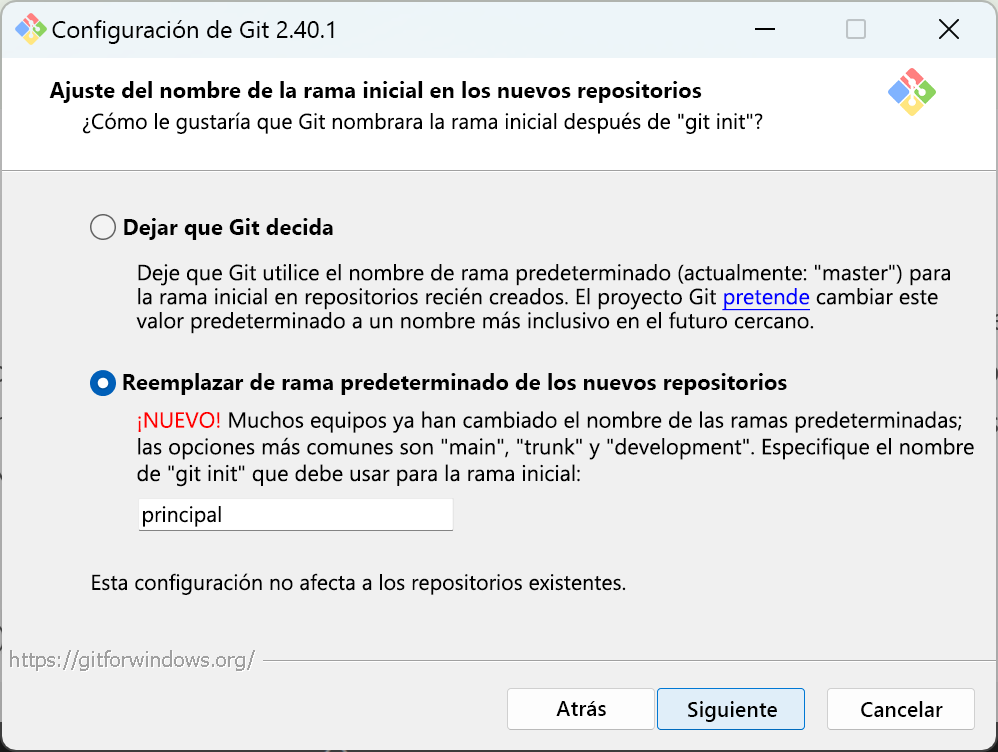 Captura de pantalla del valor predeterminado de la rama inicial que se establece en main durante la instalación de Git.