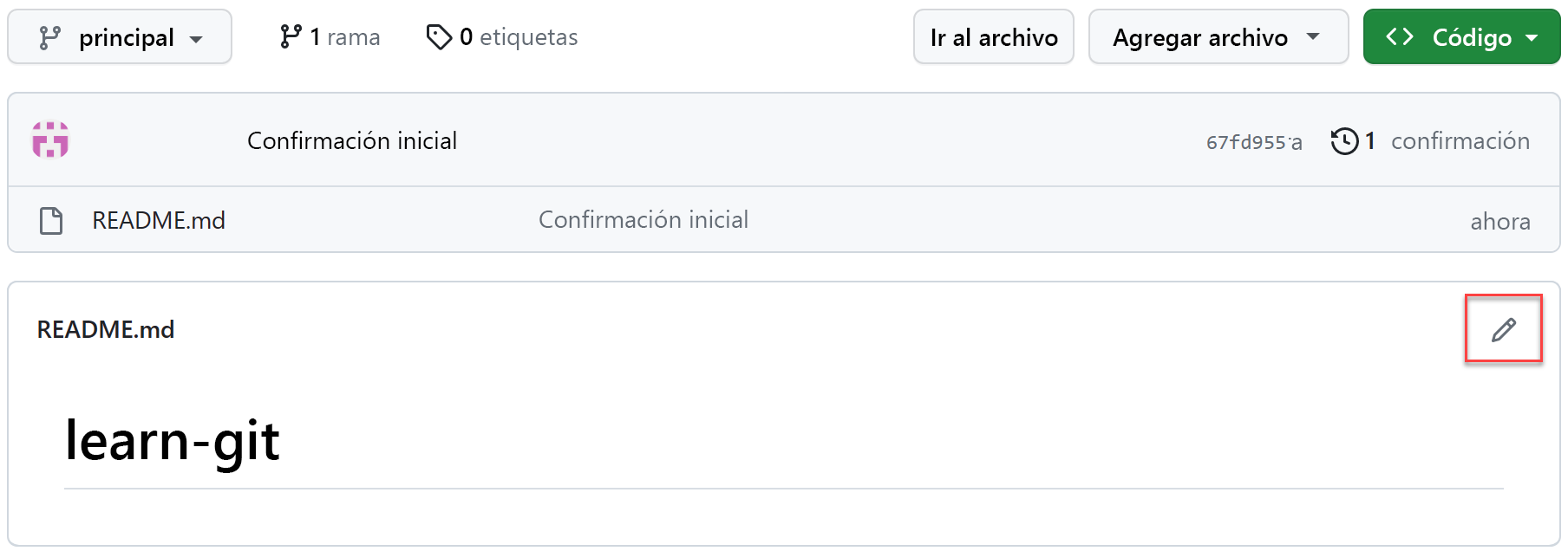 Recorte de pantalla del botón de edición del archivo Léame