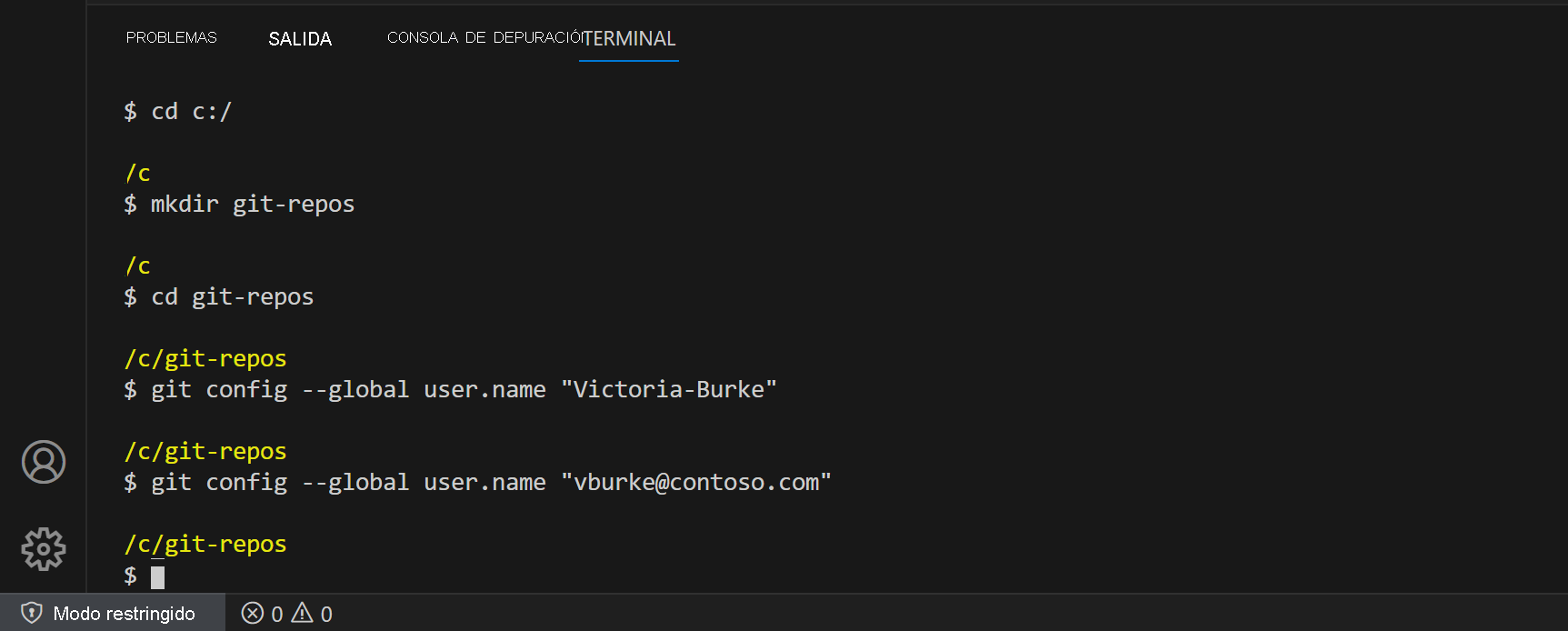 Captura de pantalla de VS Code con los comandos de configuración ejecutados.