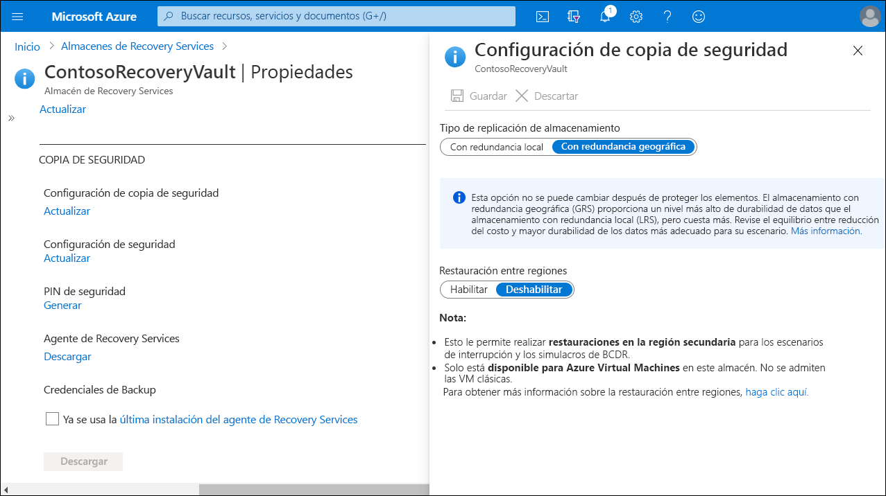 A screenshot of the Backup Configuration blade in the Azure portal. The administrator has selected Geo-redundant.