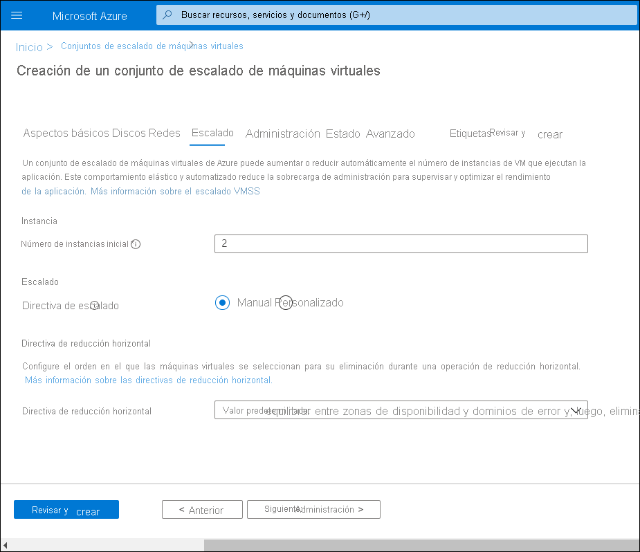 A screenshot of the Create a virtual machine scale set blade. The administrator has selected all default settings on the Scaling tab.