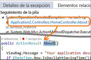 Captura de pantalla de Visual Studio que muestra los datos de rendimiento en el código.