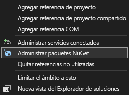 captura de pantalla de la opción de Visual Studio para administrar paquetes NuGet.