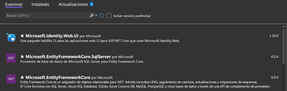 Captura de pantalla de cómo administrar paquetes NuGet, instalar y actualizar desde Visual Studio.