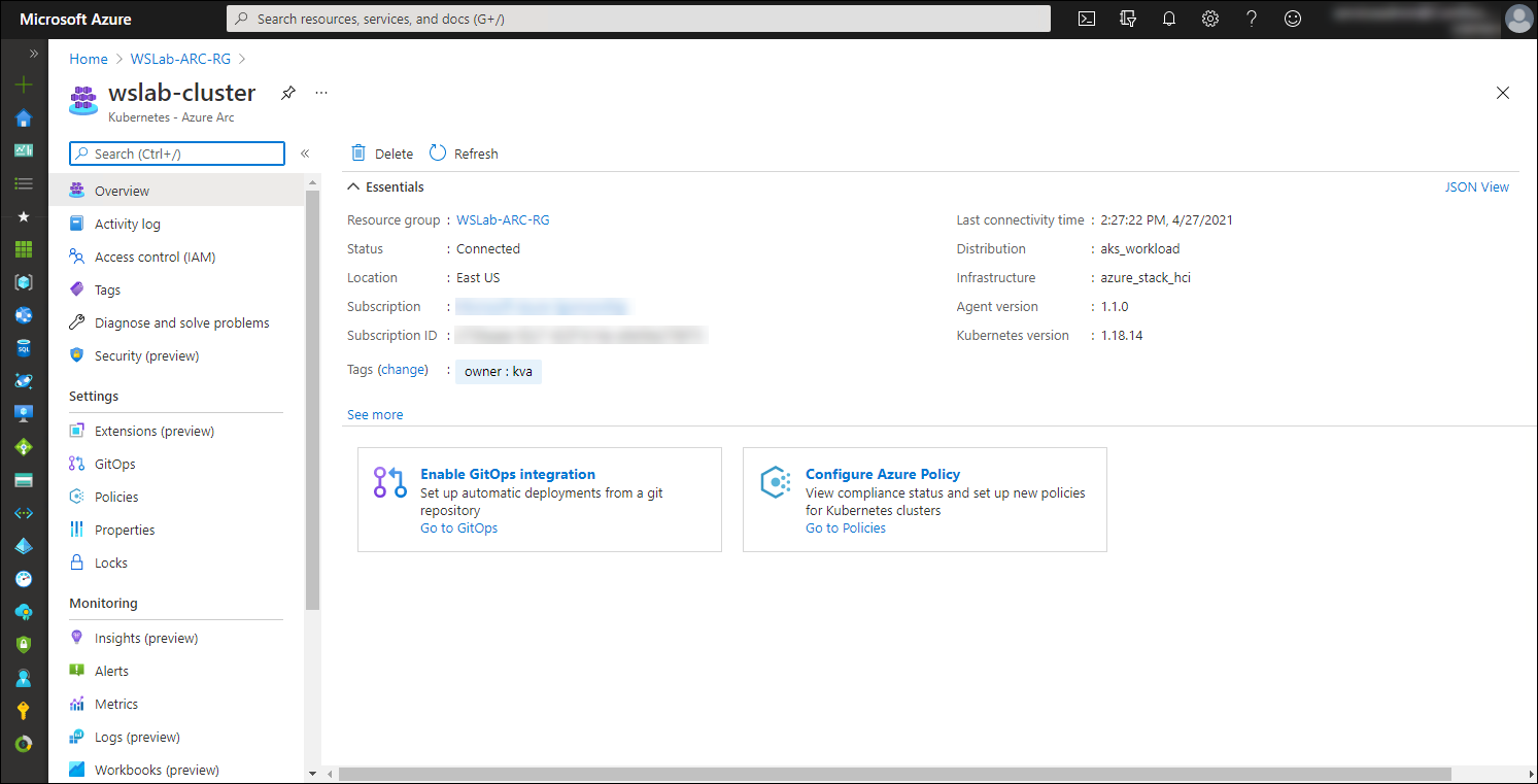 The screenshot displays the Kubernetes - Azure Arc blade in the Azure portal.