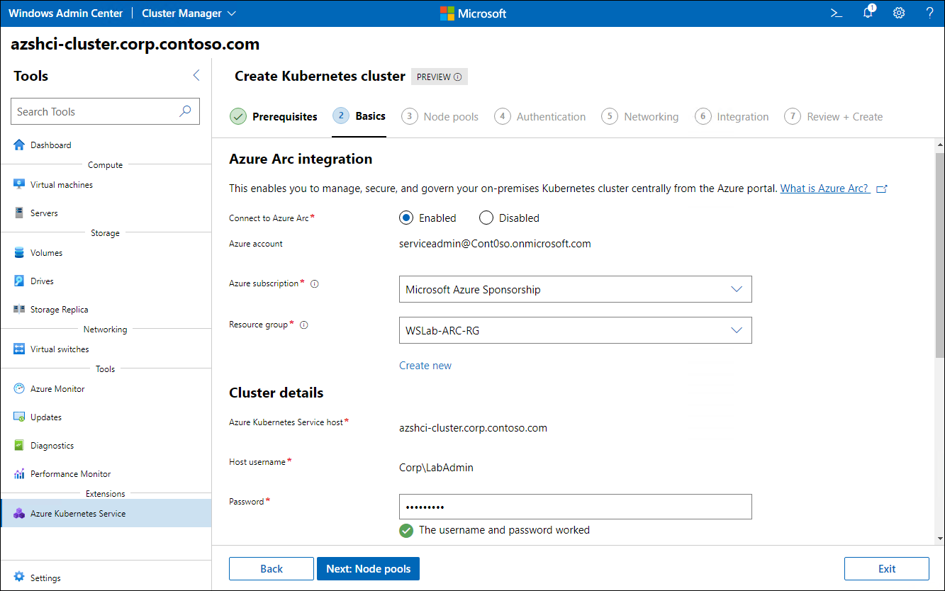 The screenshot depicts the Azure Arc integration settings of the Basics step of the Create Kubernetes cluster wizard in Windows Admin Center.