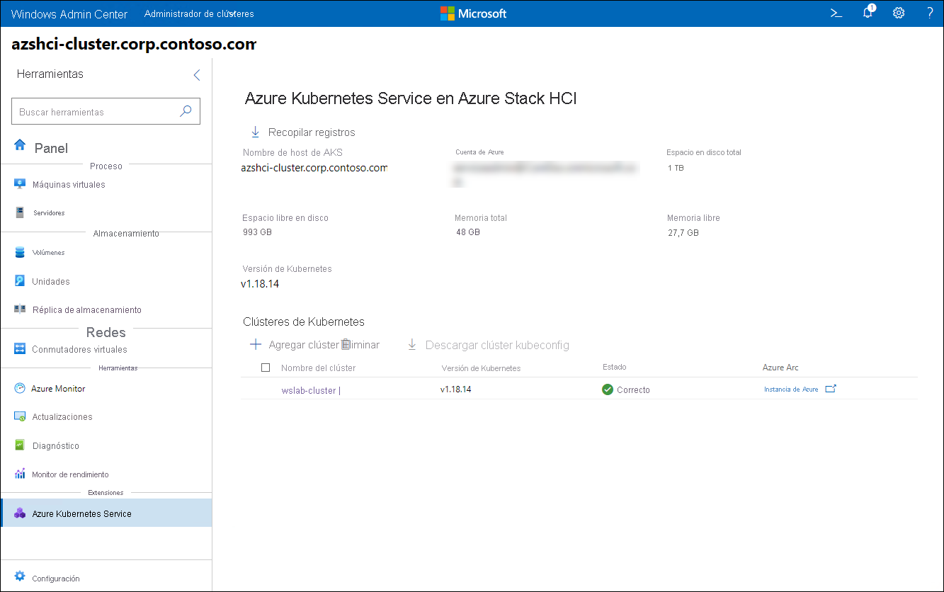 The screenshot depicts the New cluster step of the Create Kubernetes cluster wizard in Windows Admin Center.