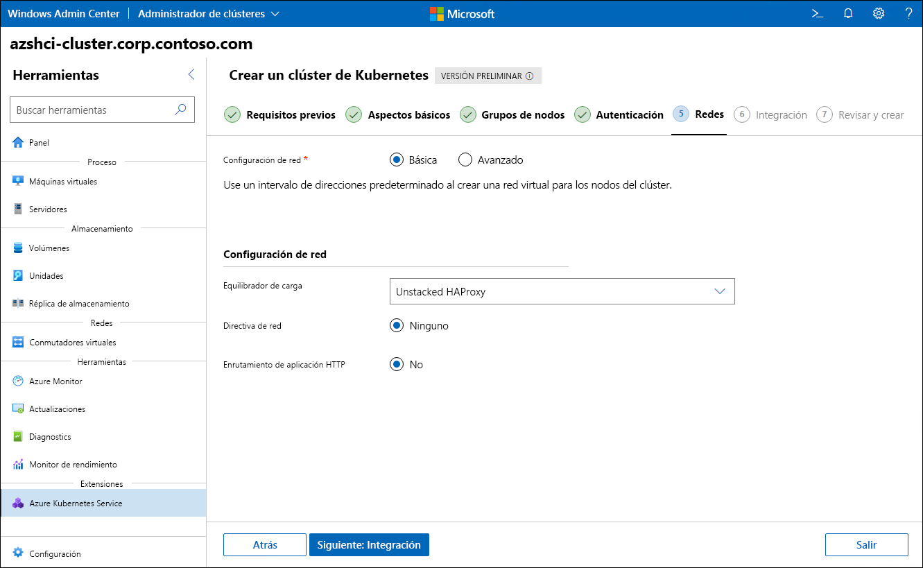 The screenshot depicts the Networking step of the Create Kubernetes cluster wizard in Windows Admin Center.