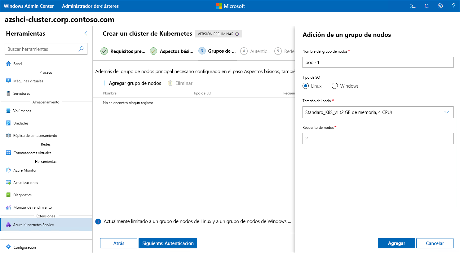 The screenshot depicts the Add a node pool blade of the Create Kubernetes Cluster wizard in Windows Admin Center.