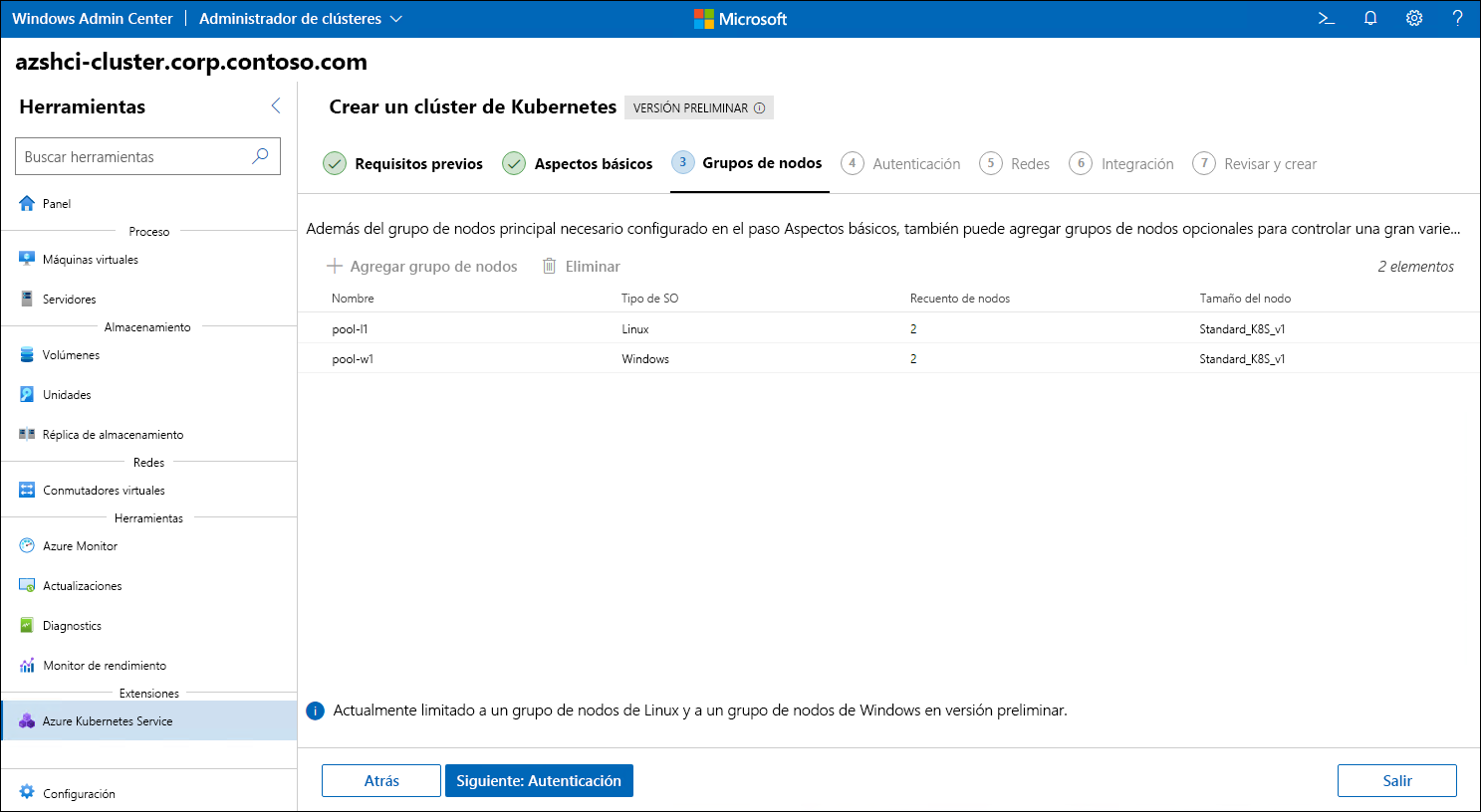 The screenshot depicts the Node pools step of the Create Kubernetes cluster wizard in Windows Admin Center.