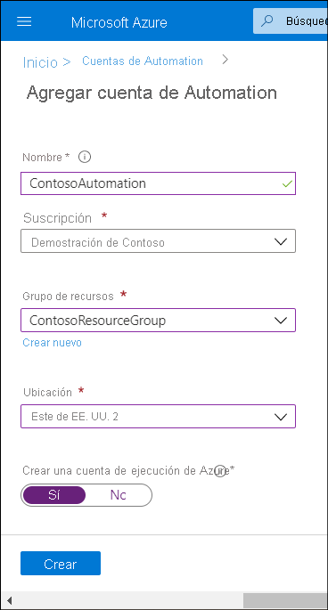 Una captura de pantalla de Azure Portal. El administrador está agregando una cuenta de Azure Automation. El nombre es ContosoAutomation en ContosoResourceGroup y la ubicación es Este de EE. UU.
