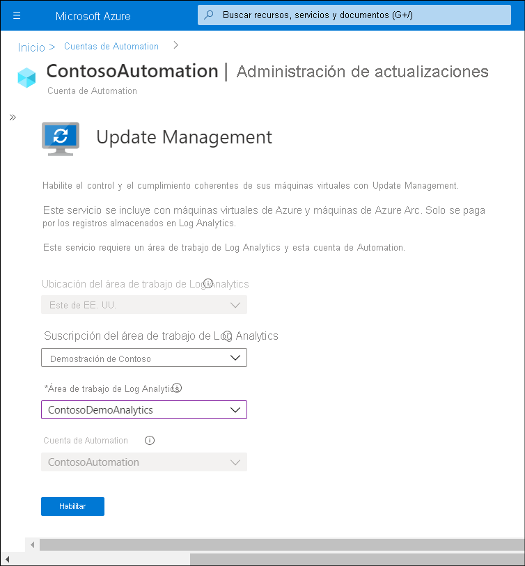 Captura de pantalla en la que se muestra que el administrador ha seleccionado la administración de actualizaciones en una cuenta del área de trabajo de Log Analytics y en una cuenta de Automation.