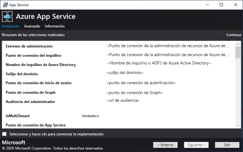 Screenshot that shows the summary of the options specified for deployment by the App Service Installer.