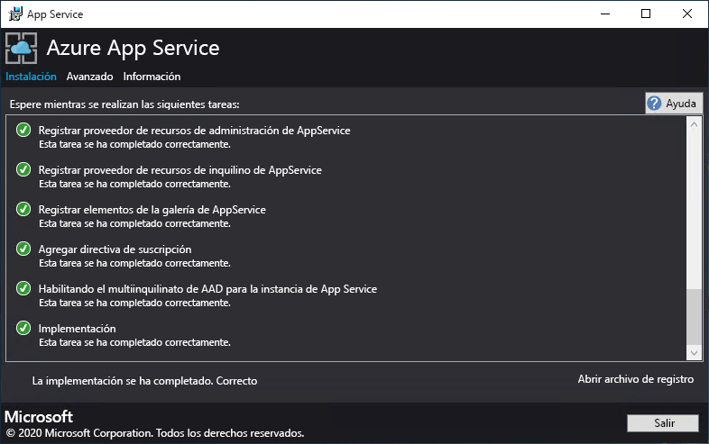 Screenshot that shows the deployment progress made by the App Service Installer.