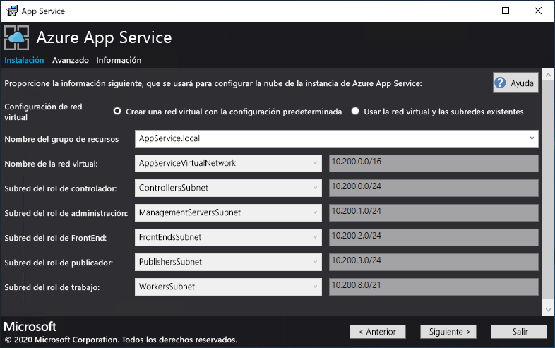 Screenshot that shows the screen where you configure your virtual network in the App Service installer.